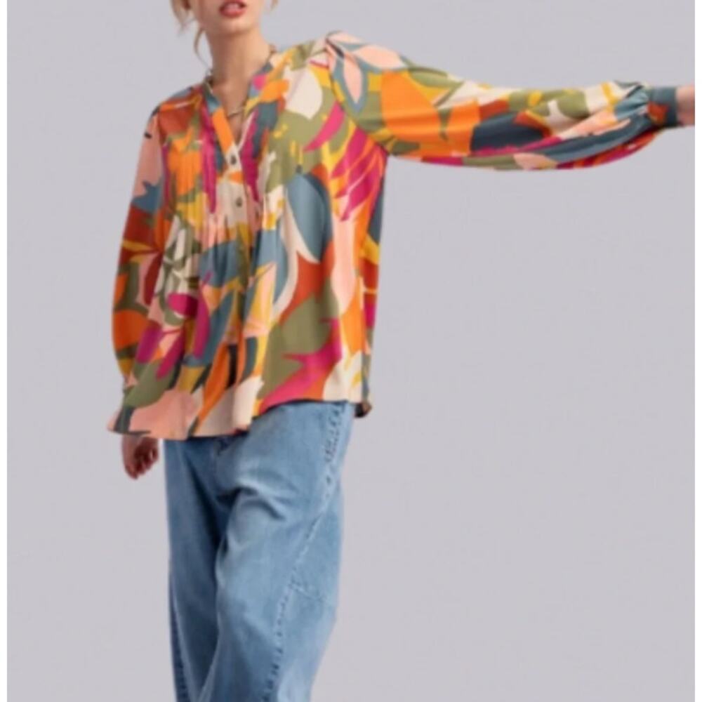 Easel Long Sleeve Pleated Abstract Colorful Sophia Twill Button Blouse Small NWT - Picture 2 of 7